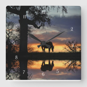 Horse Oak Tree and Reflection in Pond Square Wall Clock