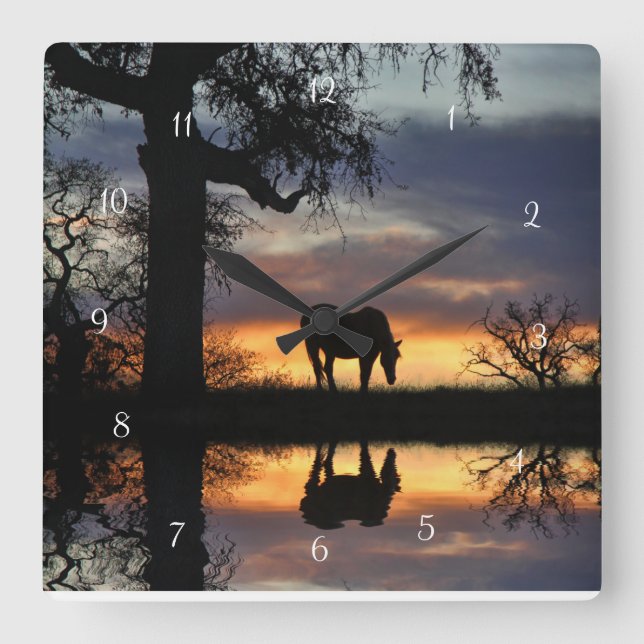 Horse Oak Tree and Reflection in Pond Square Wall Clock (Front)