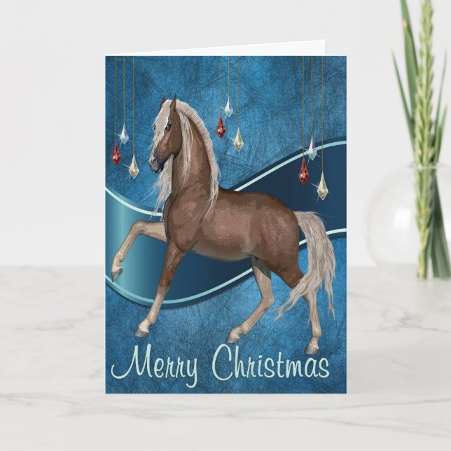Horse On Blue with Ribbon  Merry Christmas Card (Front)