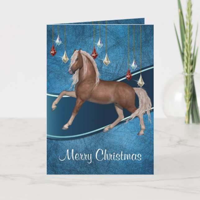 Horse On Blue with Ribbon  Merry Christmas Card 2 (Front)