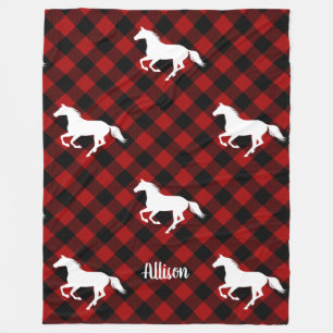 Horse on Buffalo Plaid Custom Fleece Blanket