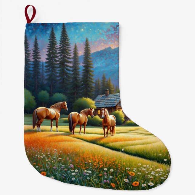 Horse on Farm Wildflower Meadow Large Christmas Stocking (Front)