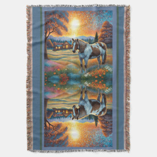 Horse on Farm Wildflower Meadow Throw Blanket