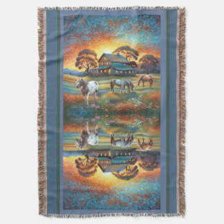 Horse on Farm Wildflower Meadow Throw Blanket