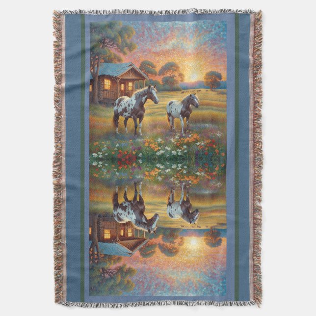 Horse on Farm Wildflower Meadow Throw Blanket (Front Vertical)