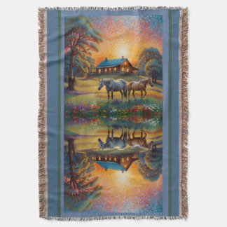 Horse on Farm Wildflower Meadow Throw Blanket