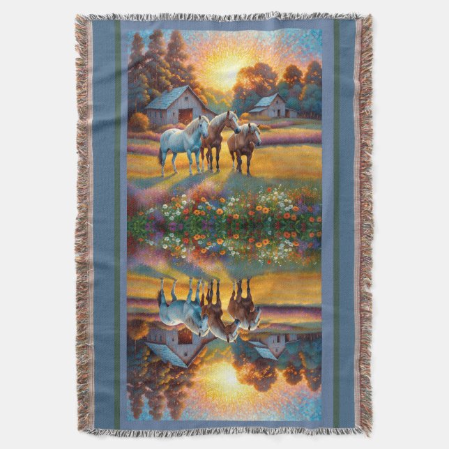 Horse on Farm Wildflower Meadow Throw Blanket (Front Vertical)