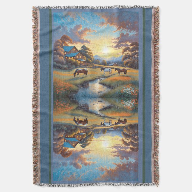Horse on Farm Wildflower Meadow Throw Blanket (Front Vertical)