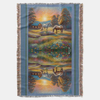 Horse on Farm Wildflower Meadow Throw Blanket