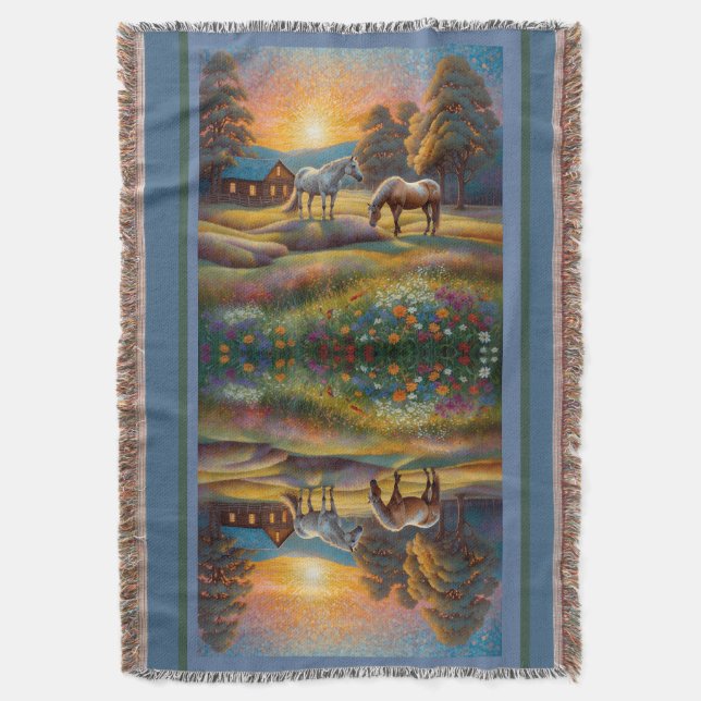 Horse on Farm Wildflower Meadow Throw Blanket (Front Vertical)