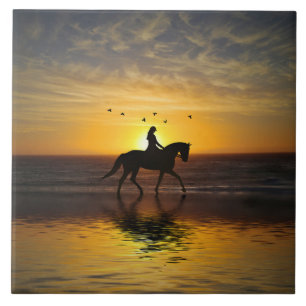 Horse on the Beach at Sunset Riding Ceramic Tile