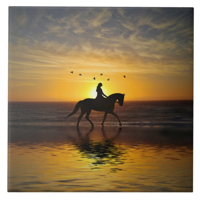 Horse on the Beach at Sunset Riding Ceramic Tile (Front)