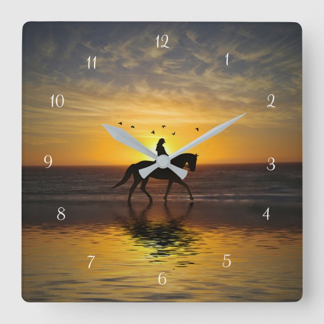 Horse on the Beach with Rider at Sunset Beautiful Square Wall Clock (Front)