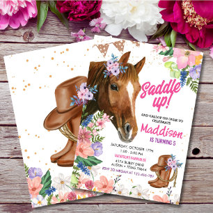 Horse Party Cowgirl Pink Floral Birthday Invitation