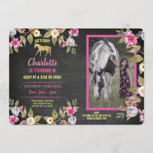 Horse Party Floral Chalk Pony Pink Invitation