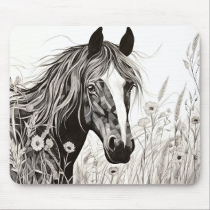 Horse Peaceful Nature Prairie Sketch Drawing Style Mouse Pad