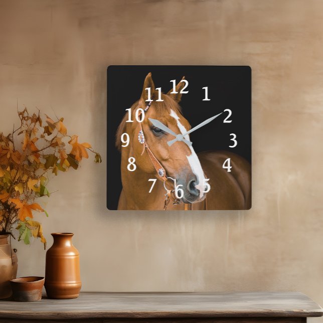 Horse Photo Brown White Quarter Horse Numbered  Square Wall Clock (Beautiful brown and white quarter-horse photo wall clock)