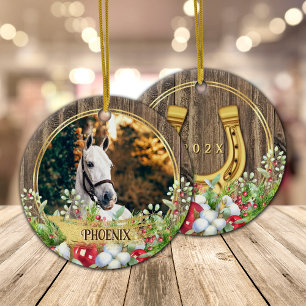 Horse photo wood frame gold Christmas Ceramic Ornament