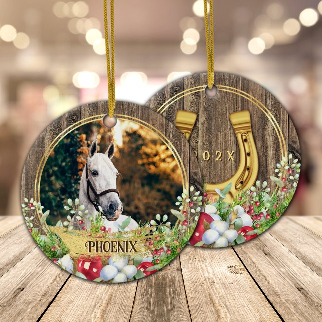 Horse photo wood frame gold Christmas  Ceramic Ornament (Horse photo personalized Christmas ornament with barn wood, gold horse shoe and Christmas wreath.)