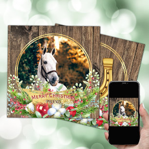 Horse photo wood frame gold Christmas  Holiday Card