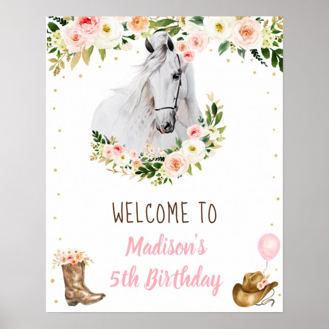 Horse Pink Floral Cowgirl Birthday Welcome Poster (Front)