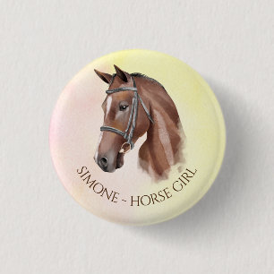 Horse portrait cowgirl equestrian personalised 3 cm round badge