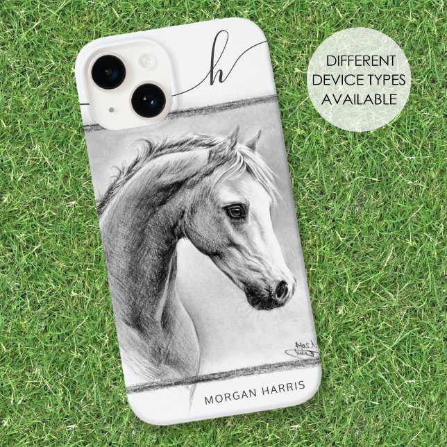 Horse Portrait Equine Charcoal Drawing Monogram Case-Mate iPhone Case (Creator Uploaded)