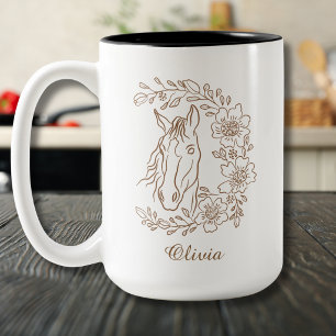 Horse Portrait Line Art Floral Wreath Two-Tone Coffee Mug