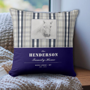 Horse Portrait Navy Blue Plaid Custom Family Name Cushion