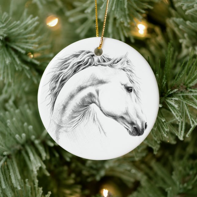 Horse portrait pencil drawing Equestrian art Ceramic Ornament (Tree)