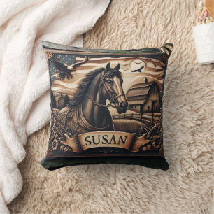 Horse Portrait With Barn and Eagles at Dusk Cushion