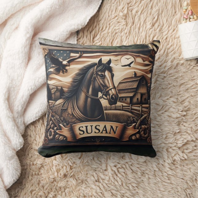 Horse Portrait With Barn and Eagles at Dusk Cushion (Blanket)