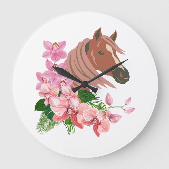 Horse portrait with orchid blooms large clock (Front)