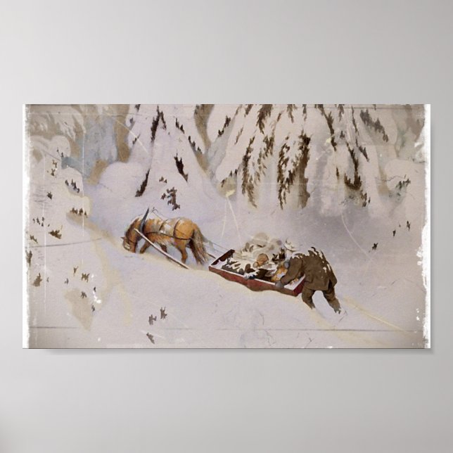 Horse Pulling Sled Through the Woods Poster (Front)