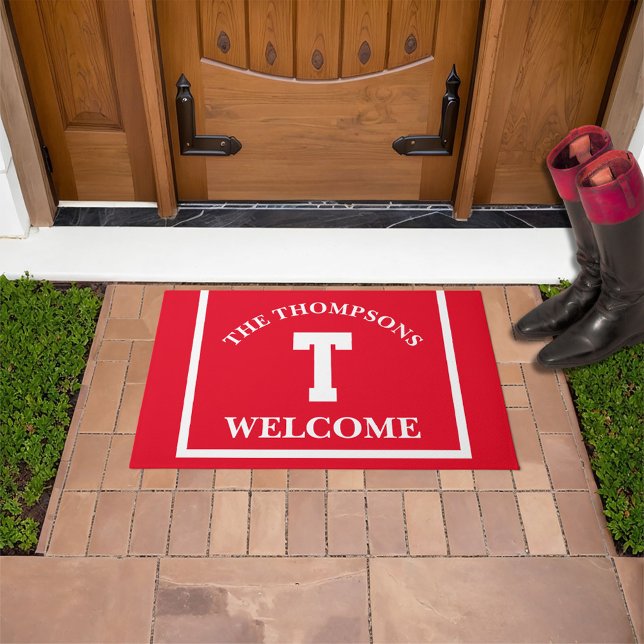 Horse Race Style Family Name Monogram Welcome Doormat (Custom monogram and personallized name horse racing saddle cloth style Welcome mat. )