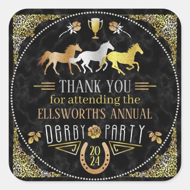 Horse Racing Derby Day Party Art Deco Black Gold Square Sticker (Front)