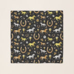 Horse Racing Derby Day Party Black Gold Pattern Scarf<br><div class="desc">Celebrate your favourite horse racing derby with this gorgeous pattern. The repeating design is made in shades of gold, silver, and bronze on black with a slight marble effect. The ornate pattern includes horses, trophies, horseshoes, and roses. Contact FancyCelebration for changes. See the matching party supplies and more here: https://www.zazzle.com/collections/horse_racing_derby_day_party_collection-119108502832802144...</div>
