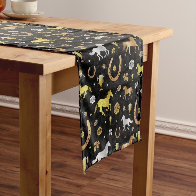 Horse Racing Derby Day Party Black Gold Pattern Short Table Runner (In Situ)