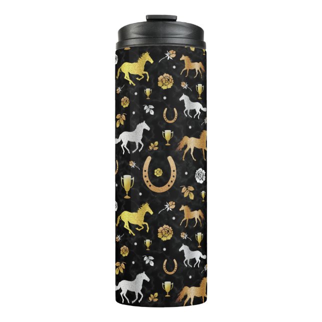 Horse Racing Derby Day Party Black Gold Pattern Thermal Tumbler (Front)