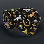 Horse Racing Derby Day Party Black Gold Pattern Tie<br><div class="desc">Celebrate your favorite horse racing derby with this gorgeous pattern. The repeating design is made in shades of gold, silver, and bronze on black with a slight marble effect. The ornate pattern includes horses, trophies, horseshoes, and roses. Contact FancyCelebration for changes. See the matching party supplies and more here: https://www.zazzle.com/collections/horse_racing_derby_day_party_collection-119108502832802144...</div>