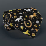 Horse Racing Derby Day Party Black Gold Pattern Tie<br><div class="desc">Celebrate your favorite horse racing derby with this gorgeous pattern. The repeating design is made in shades of gold, silver, and bronze on black with a slight marble effect. The ornate pattern includes horses, trophies, horseshoes, and roses. Contact FancyCelebration for changes. See the matching party supplies and more here: https://www.zazzle.com/collections/horse_racing_derby_day_party_collection-119108502832802144...</div>