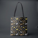 Horse Racing Derby Day Party Black Gold Pattern Tote Bag<br><div class="desc">Celebrate your favourite horse racing derby with this gorgeous pattern. The repeating design is made in shades of gold, silver, and bronze on black with a slight marble effect. The ornate pattern includes horses, trophies, horseshoes, and roses. Contact FancyCelebration for changes. See the matching party supplies and more here: https://www.zazzle.com/collections/horse_racing_derby_day_party_collection-119108502832802144...</div>