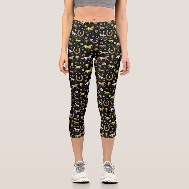 Horse Racing Horseshoes Derby Pattern Black Gold Capri Leggings (Front)