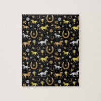 Horse Racing Horseshoes Derby Pattern Black Gold