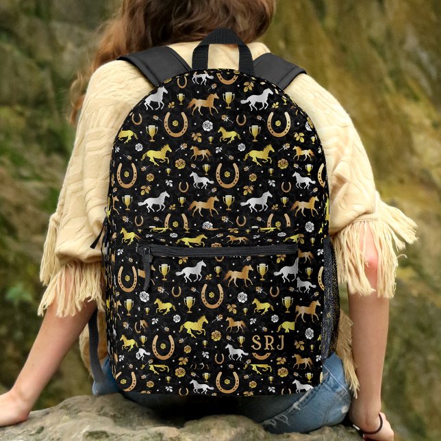 Horse Racing Horseshoes Derby Pattern Black Gold Printed Backpack (Creator Uploaded)