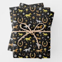 Horse Racing Horseshoes Derby Pattern Black Gold