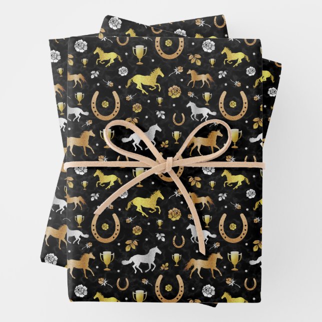 Horse Racing Horseshoes Derby Pattern Black Gold Wrapping Paper Sheet (In situ)