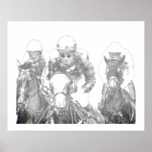 Horse Racing Jockey Riding Black White Print
