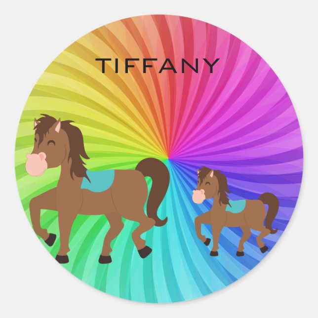 Horse & Rainbows stickers personalised for kids. (Front)