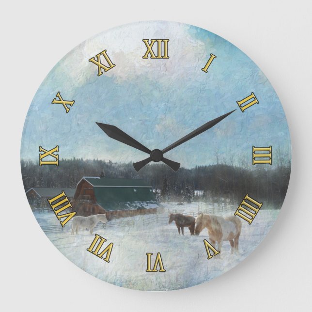 Horse Ranch, Barns and Snow Painting Large Clock (Front)